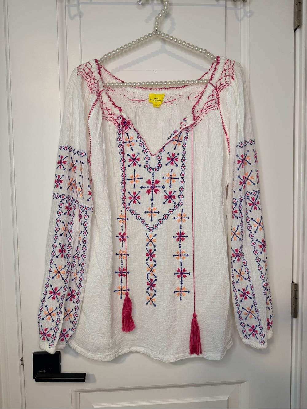 Roberta Roller Rabbit Embroidered White Peasant Top with Pink Tassels Medium